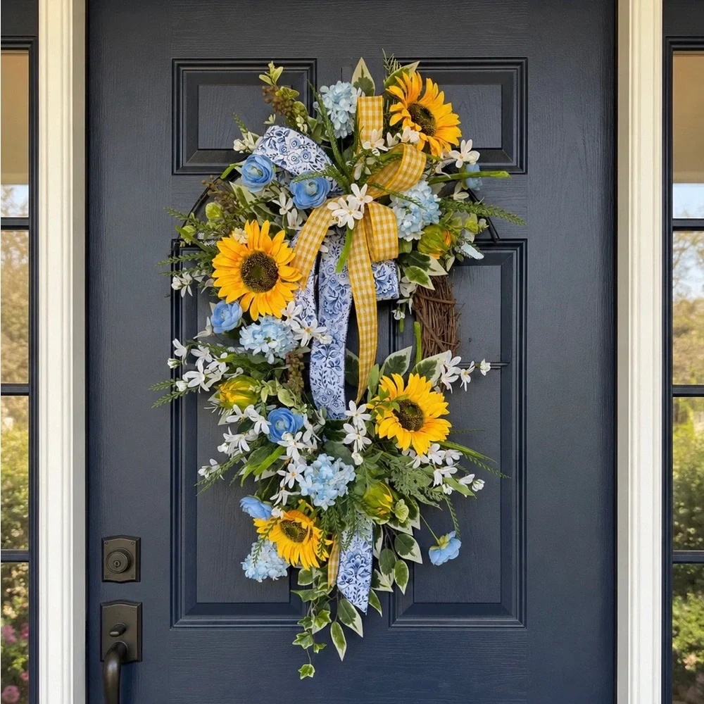Sunflower & Blue Hydrangea Door Swag - Yellow & Blue Holiday Home Decor